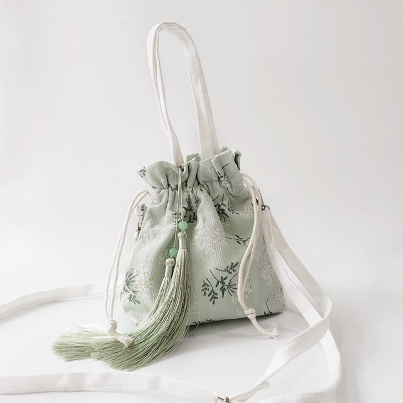 Tragetasche aus Segeltuch mit weißen Blumen und grünen Blättern, 23 x 29 cm