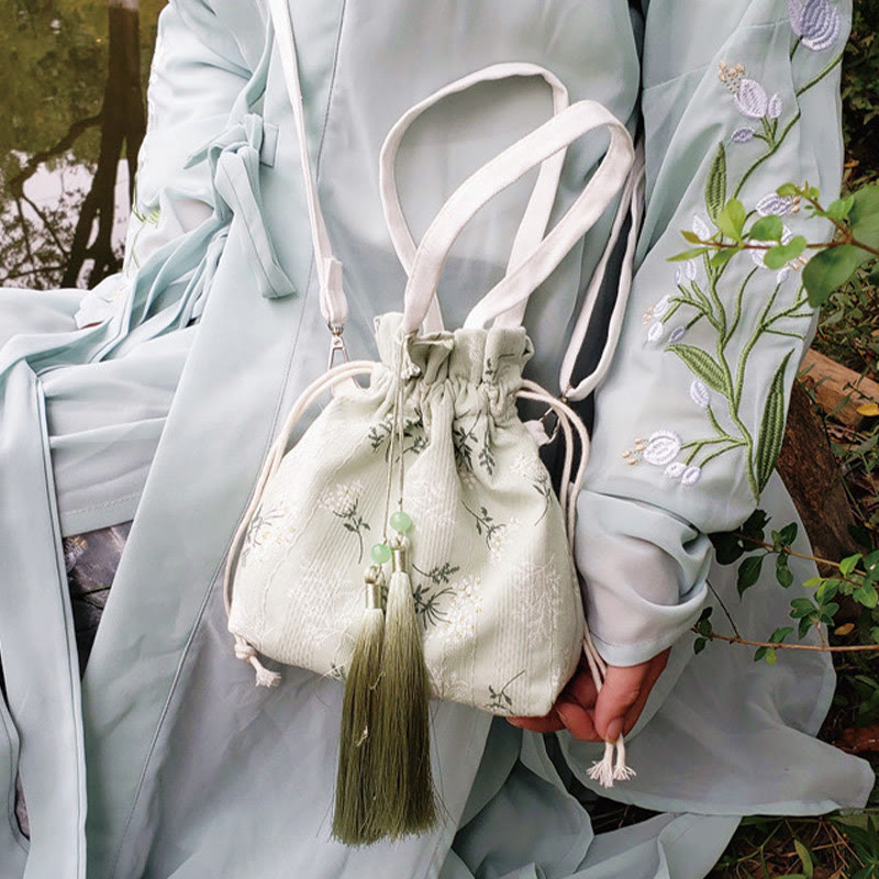 Tragetasche aus Segeltuch mit weißen Blumen und grünen Blättern, 23 x 29 cm