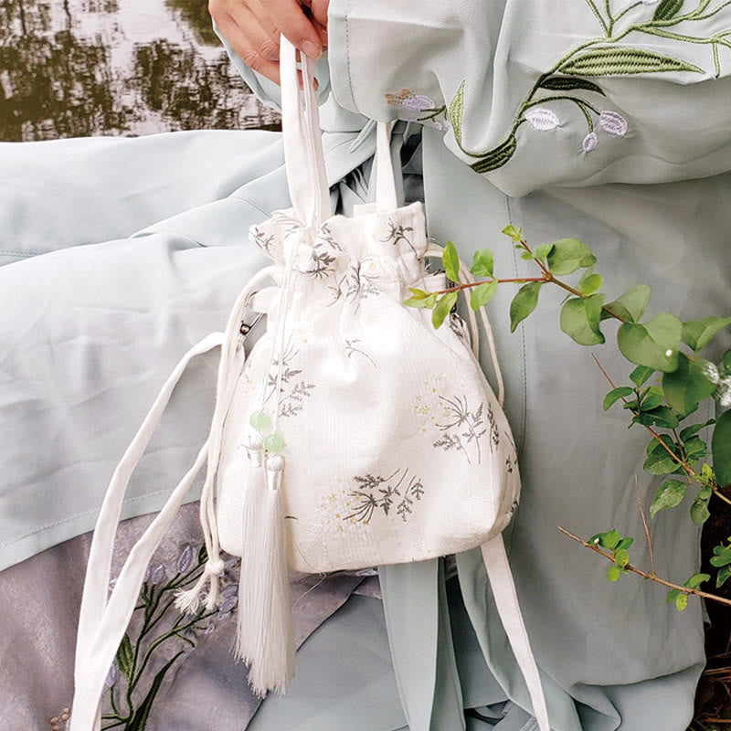 Tragetasche aus Segeltuch mit weißen Blumen und grünen Blättern, 23 x 29 cm