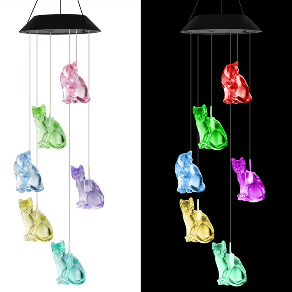 Color-changing LED Cat Wind Chime with six hanging figures for outdoor garden decor