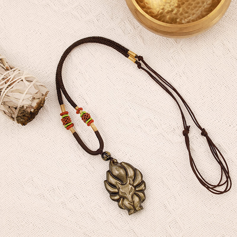 Natural Rainbow Obsidian Nine Tailed Fox Pendant