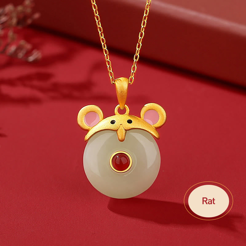 Dragon Zodiac Necklace | Sterling Silver with Hetian Jade & Red Agate