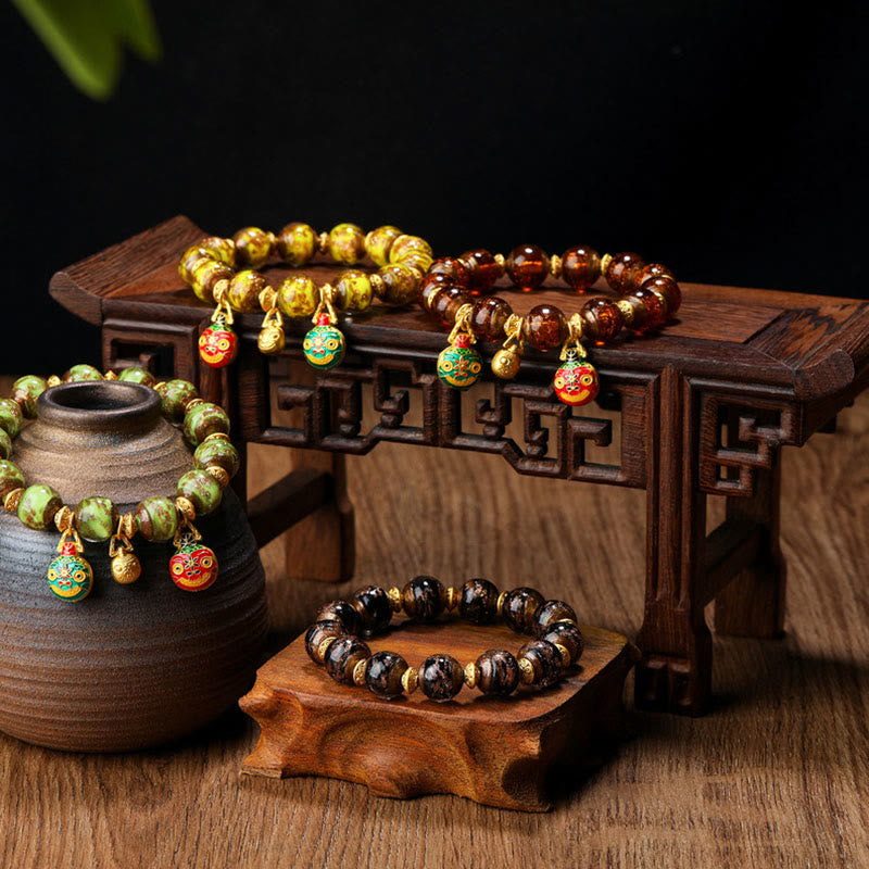 Gold Swallowing Beast Liuli Glass Bead Spiritual Bracelet 12mm