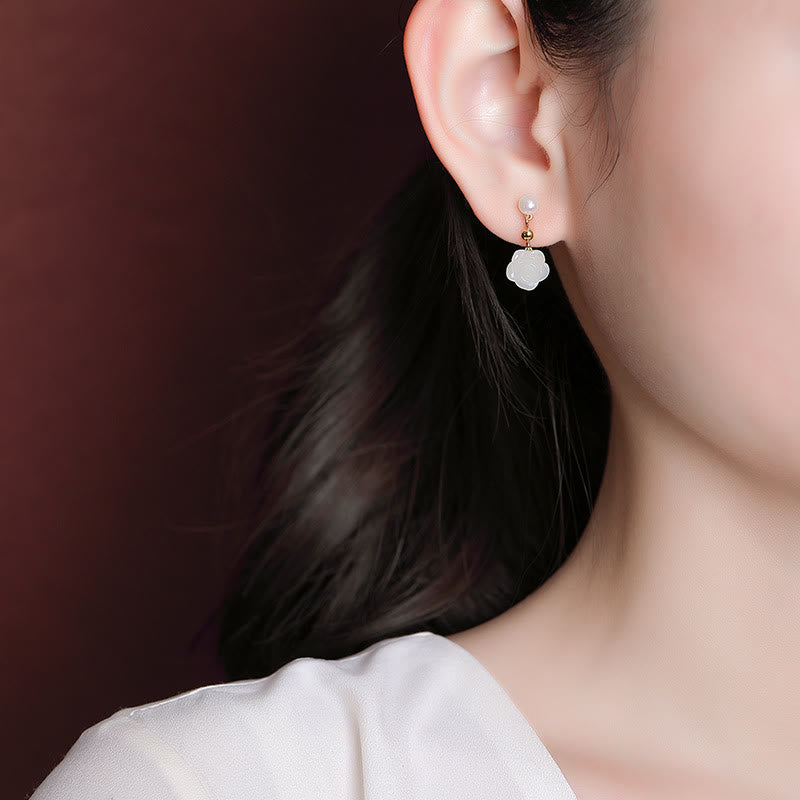 Gold Plated 925 Silver Jade Rose Flower Luck Earrings