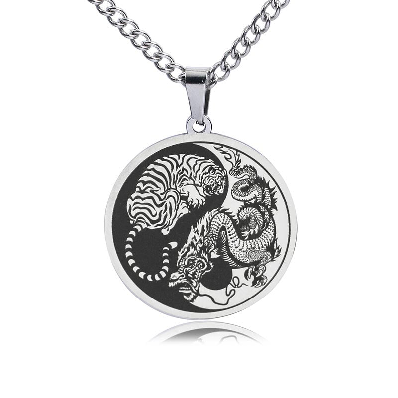 Titanium Steel Dragon Necklace with Tiger Dragon Harmony Pendant