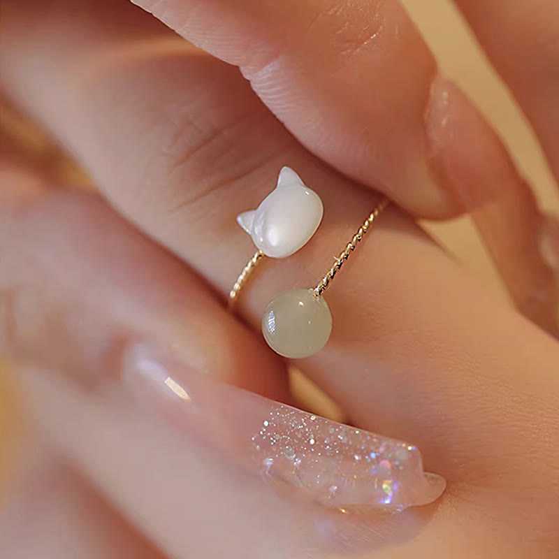 Tridacna Stone Cat Head Jade Blessing Ring for Balance