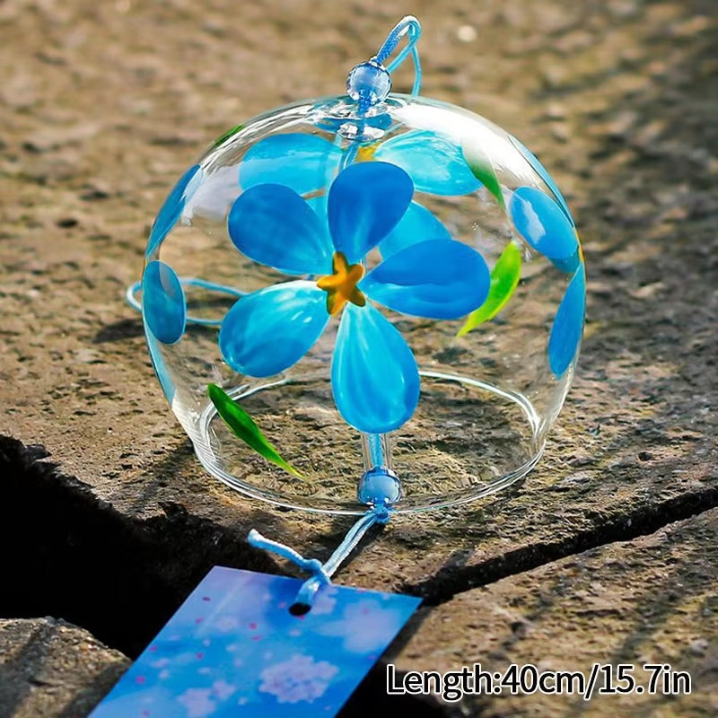 Glass Wind Chime with Blue Floral Designs in Transparent Sphere for Outdoor Decor