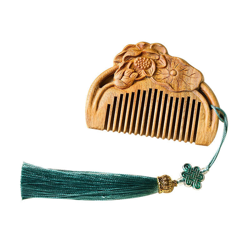 Green Sandalwood Lotus Flower Engraved Soothing Comb