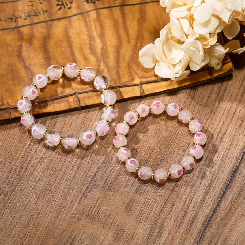 Luminous Pink Love Heart Spiritual Bracelet with Gold Swallowing Beast