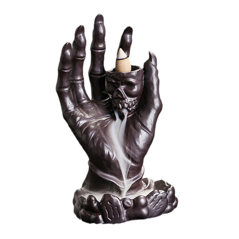 Brown Ceramic Incense Burner Skull Hand Decoration