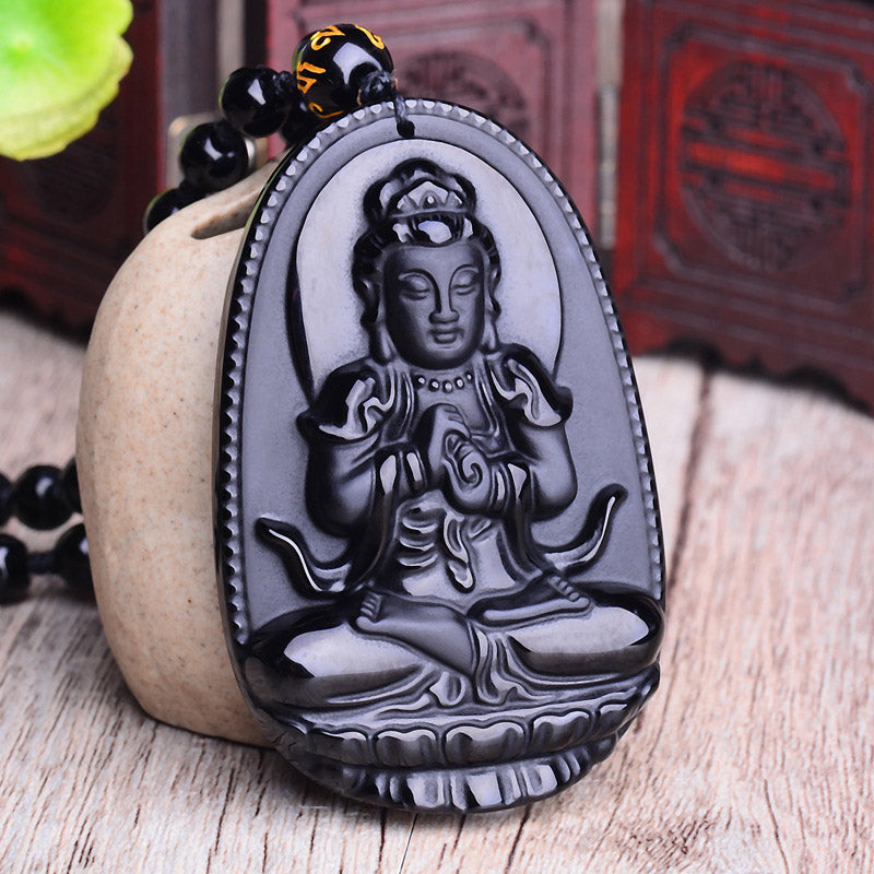 Obsidian Buddha Amulet Necklace with Chinese Zodiac | Protection
