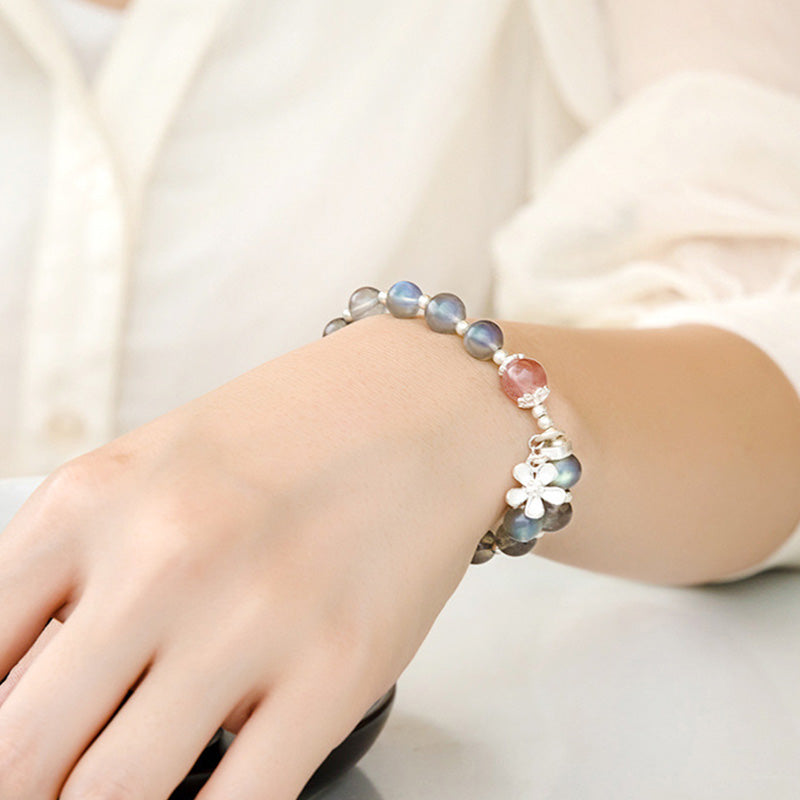 Moonstone Strawberry Quartz Healing Charm Bracelet 7.5mm
