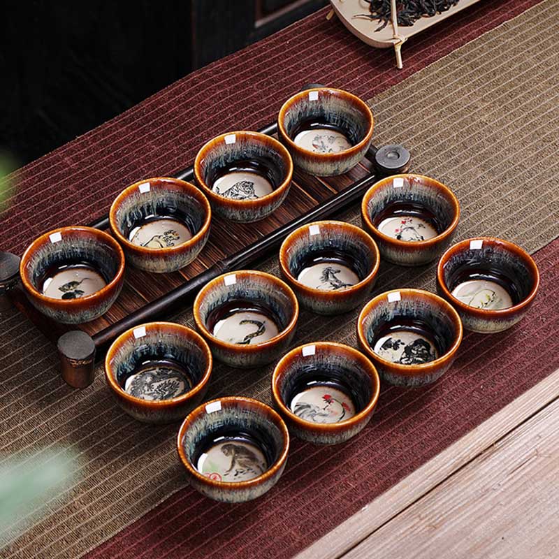 Keramik-Teetasse mit 12 chinesischen Sternzeichen, 73 ml, für Teeritual