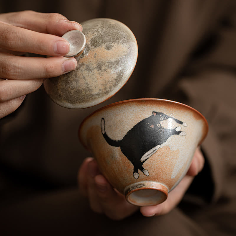 Keramik-Gaiwan-Teetasse mit Deckel, Katzenmotiv, 130 ml, für Teerituale