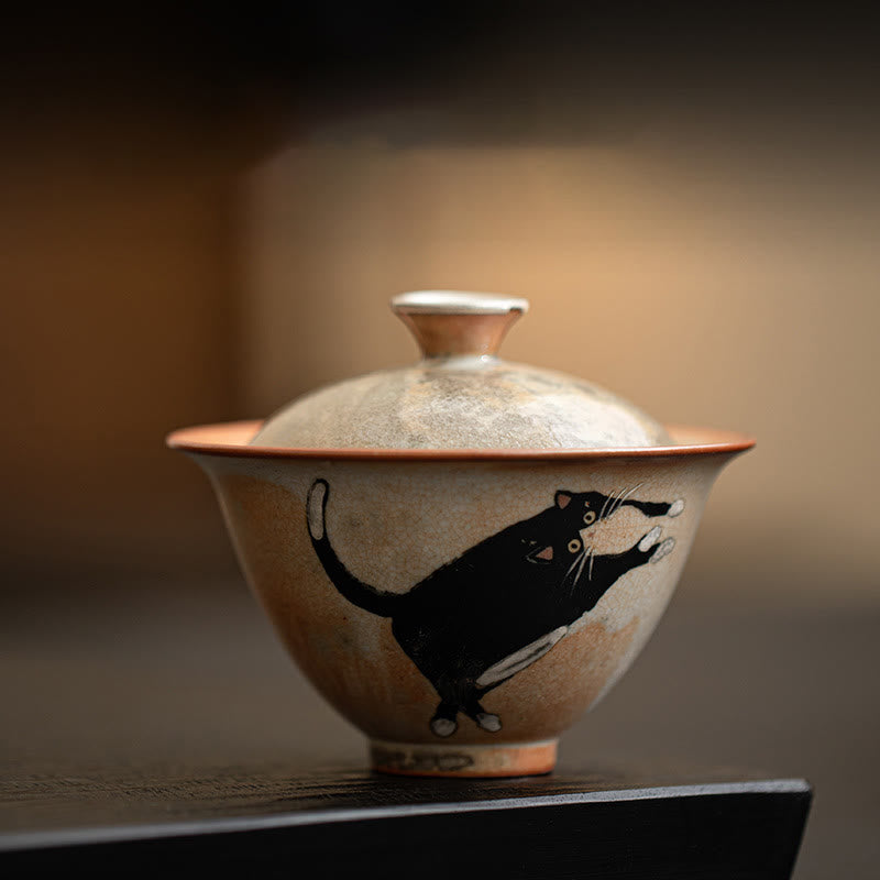 Keramik-Gaiwan-Teetasse mit Deckel, Katzenmotiv, 130 ml, für Teerituale