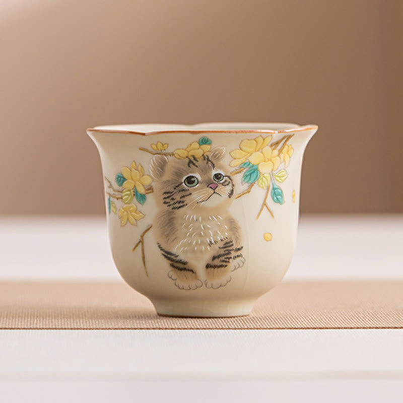 Keramik-Kung-Fu-Teetassen mit Katze und Kaninchen für Zen-Dekor