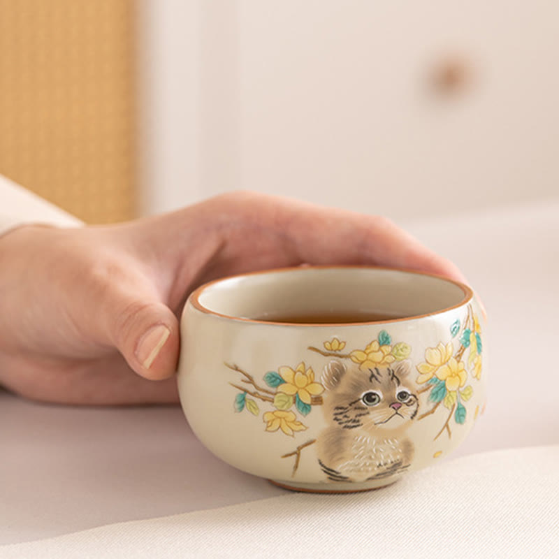 Keramik-Kung-Fu-Teetassen mit Katze und Kaninchen für Zen-Dekor