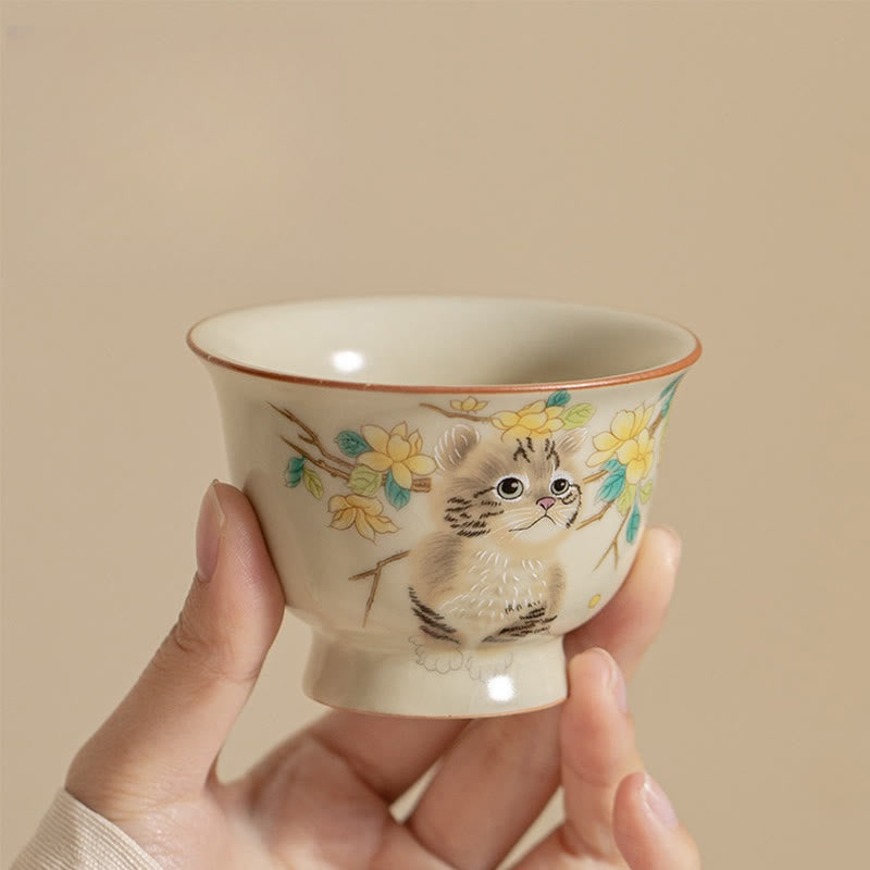 Keramik-Kung-Fu-Teetassen mit Katze und Kaninchen für Zen-Dekor