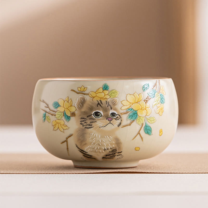 Keramik-Kung-Fu-Teetassen mit Katze und Kaninchen für Zen-Dekor