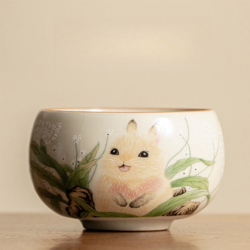 Keramik-Kung-Fu-Teetassen mit Katze und Kaninchen für Zen-Dekor