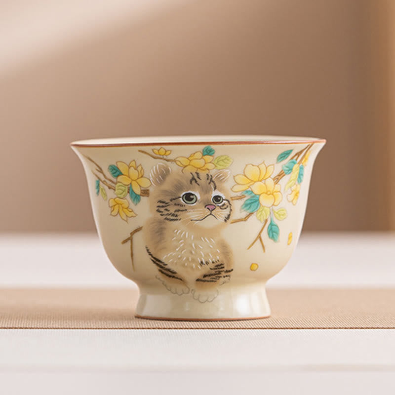 Keramik-Kung-Fu-Teetassen mit Katze und Kaninchen für Zen-Dekor