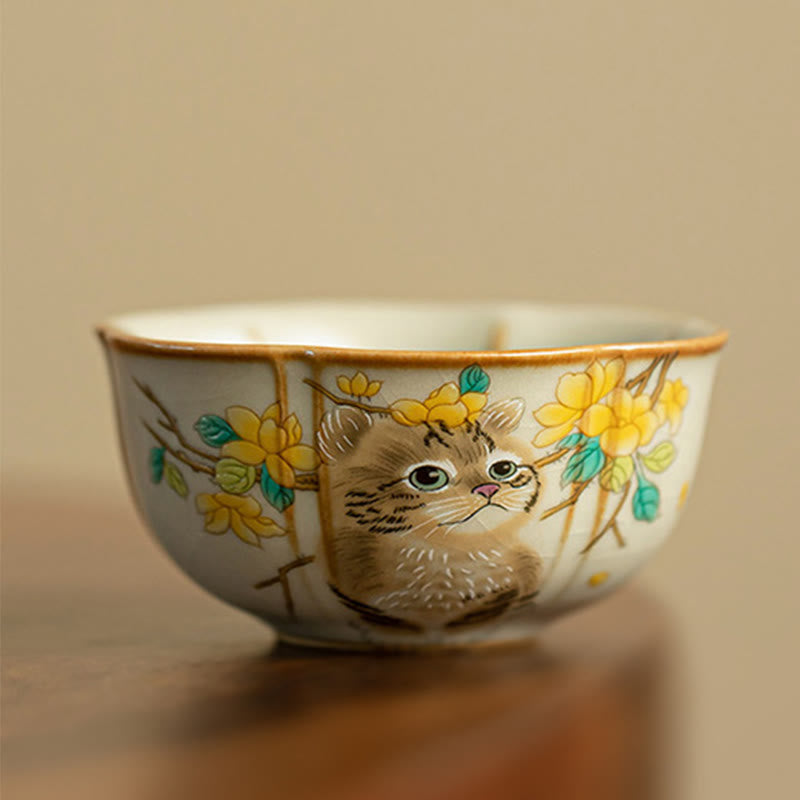 Keramik-Kung-Fu-Teetassen mit Katze und Kaninchen für Zen-Dekor