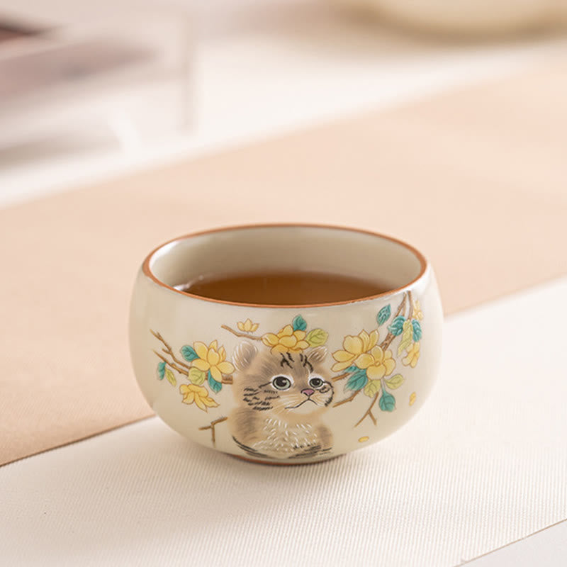 Keramik-Kung-Fu-Teetassen mit Katze und Kaninchen für Zen-Dekor