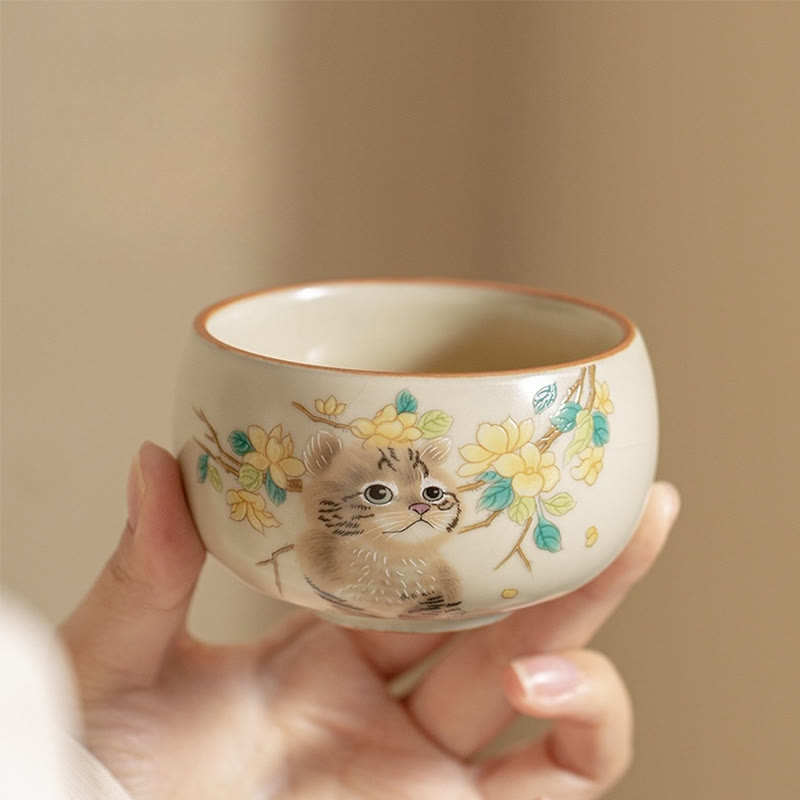 Keramik-Kung-Fu-Teetassen mit Katze und Kaninchen für Zen-Dekor