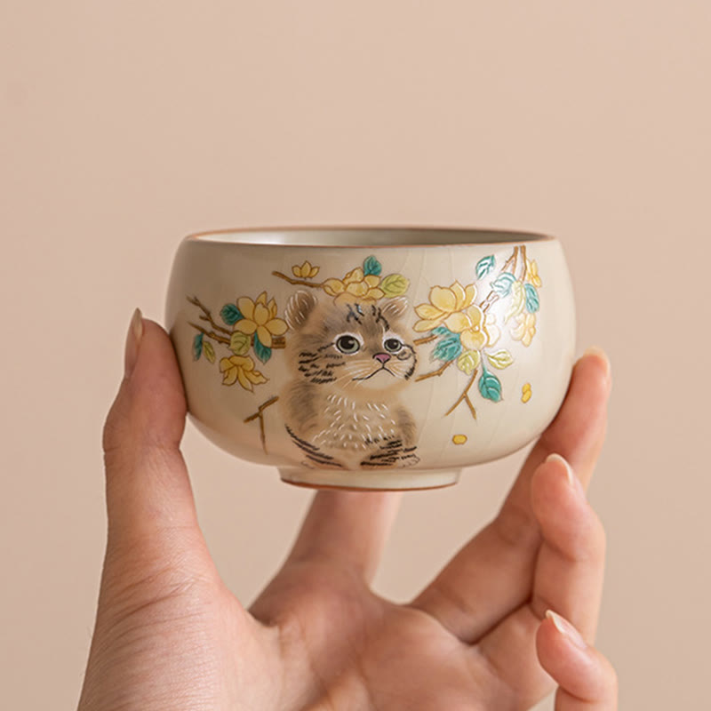 Keramik-Kung-Fu-Teetassen mit Katze und Kaninchen für Zen-Dekor