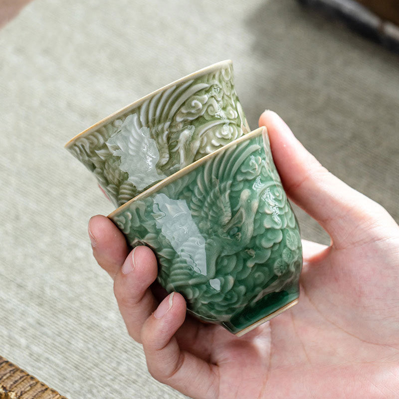 Keramik-Teetasse mit Kranich-Kiefermotiv, 80 ml | Zen-Dekor-Tasse