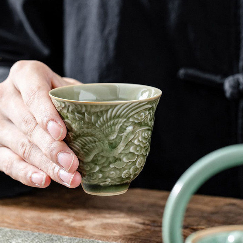 Keramik-Teetasse mit Kranich-Kiefermotiv, 80 ml | Zen-Dekor-Tasse