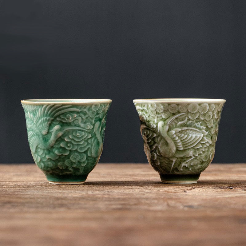 Keramik-Teetasse mit Kranich-Kiefermotiv, 80 ml | Zen-Dekor-Tasse