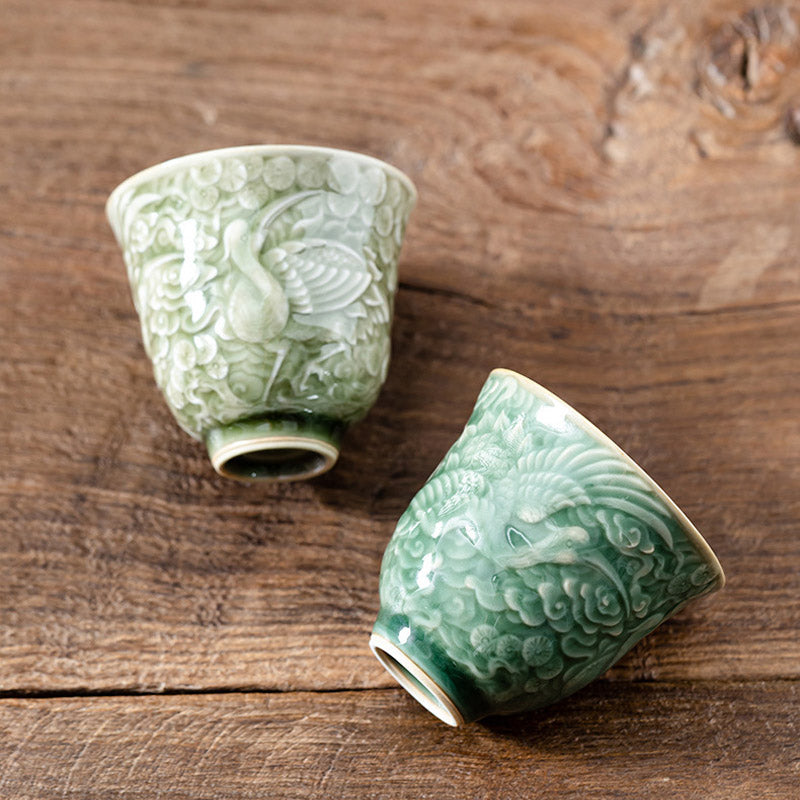 Keramik-Teetasse mit Kranich-Kiefermotiv, 80 ml | Zen-Dekor-Tasse