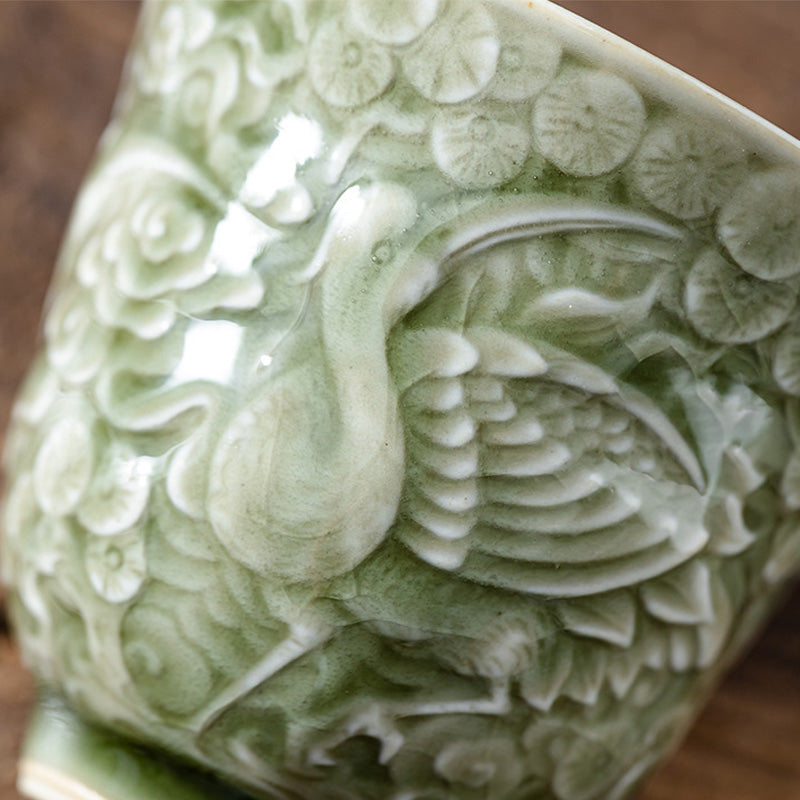 Keramik-Teetasse mit Kranich-Kiefermotiv, 80 ml | Zen-Dekor-Tasse