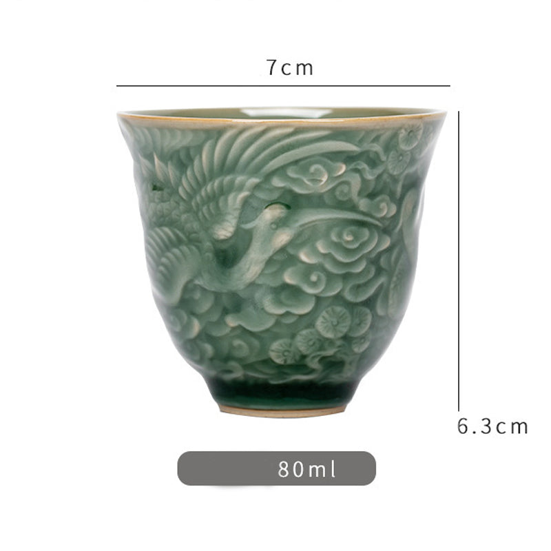 Keramik-Teetasse mit Kranich-Kiefermotiv, 80 ml | Zen-Dekor-Tasse
