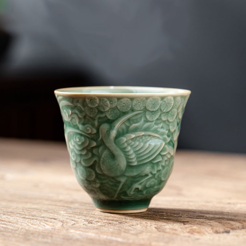Keramik-Teetasse mit Kranich-Kiefermotiv, 80 ml | Zen-Dekor-Tasse