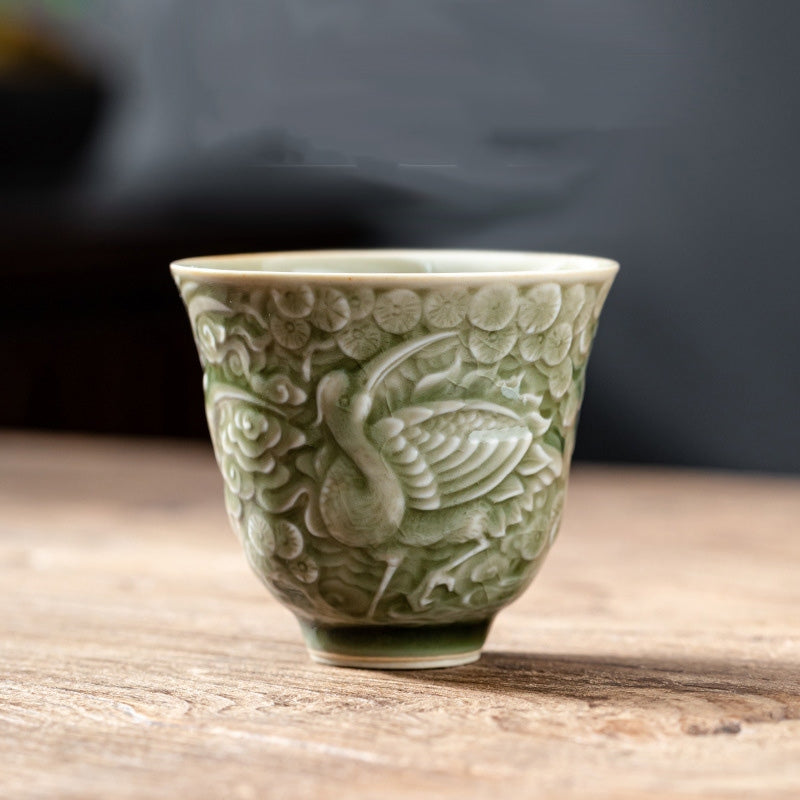 Keramik-Teetasse mit Kranich-Kiefermotiv, 80 ml | Zen-Dekor-Tasse
