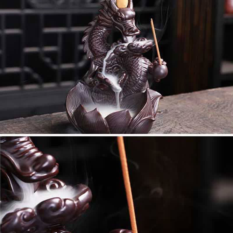 Räuchergefäß aus Keramik mit Drachen-Lotus-Motiv für Stärke und Schutz