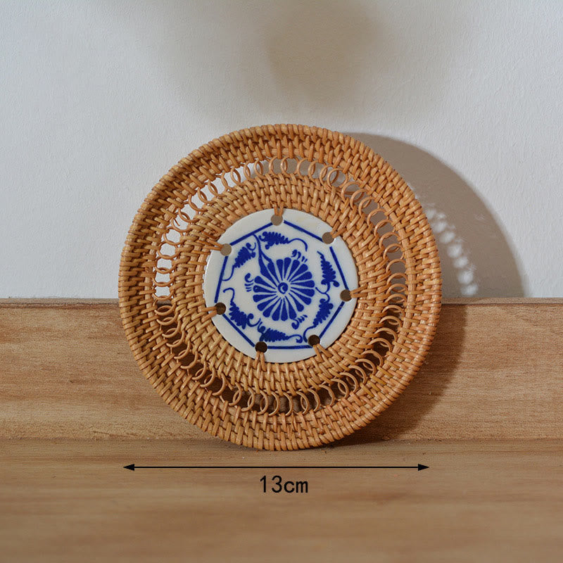 Keramik-Bechermatte aus Rattan mit Blumenmuster | 10 cm Untersetzer