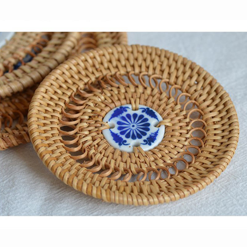 Keramik-Bechermatte aus Rattan mit Blumenmuster | 10 cm Untersetzer