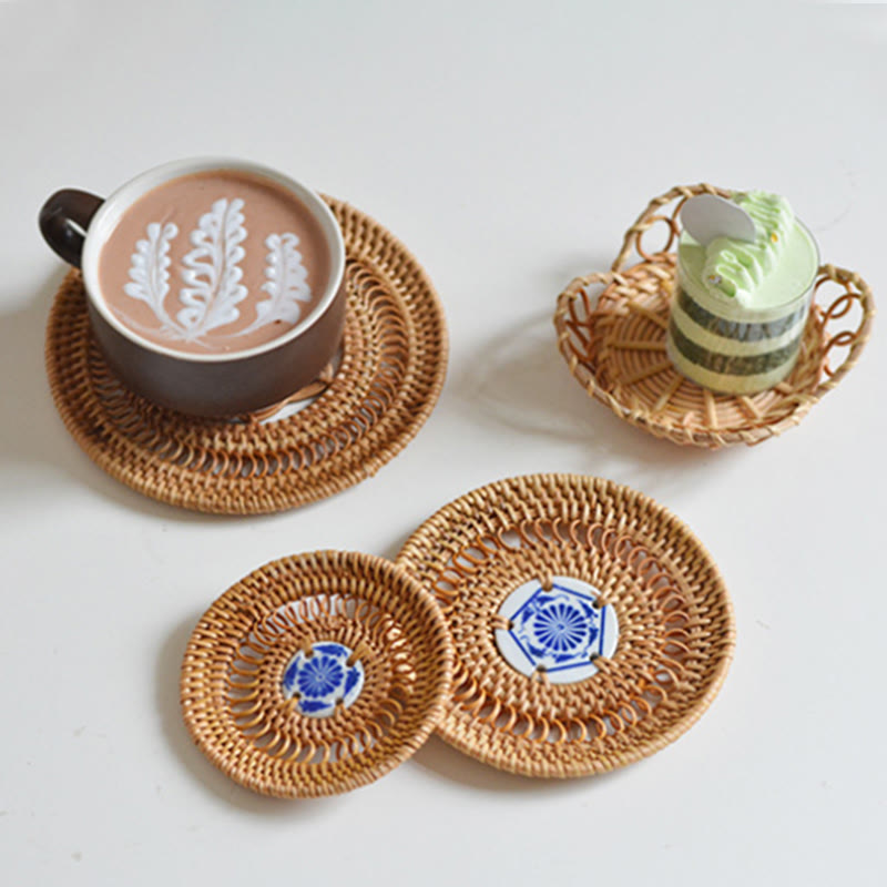 Keramik-Bechermatte aus Rattan mit Blumenmuster | 10 cm Untersetzer