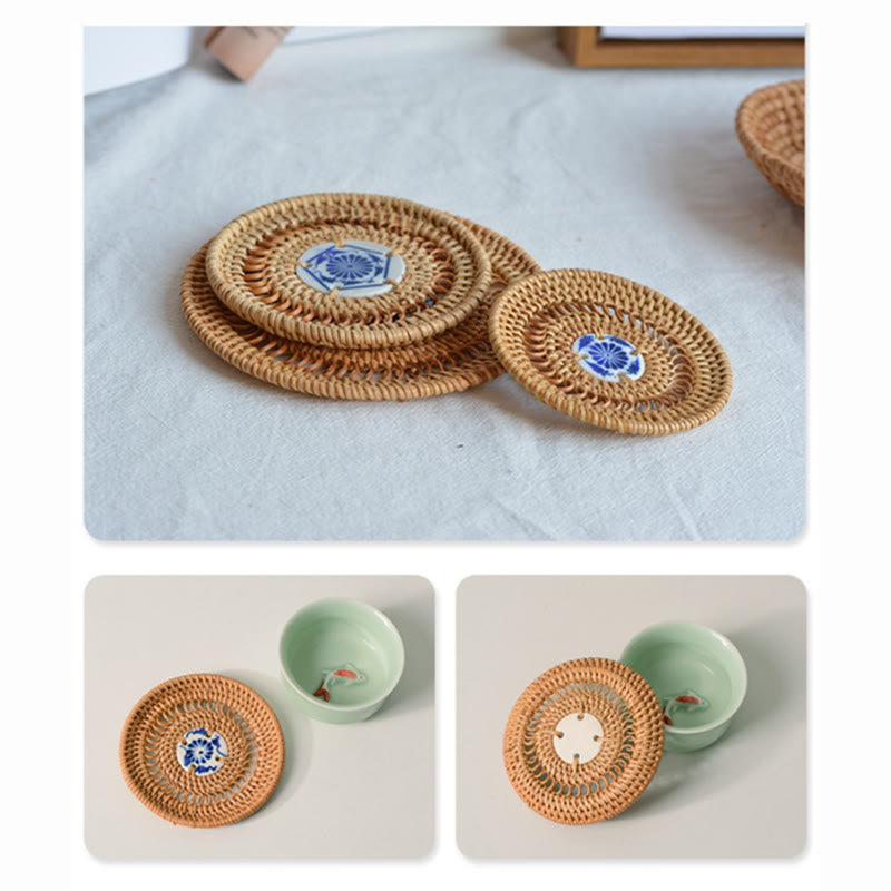 Keramik-Bechermatte aus Rattan mit Blumenmuster | 10 cm Untersetzer