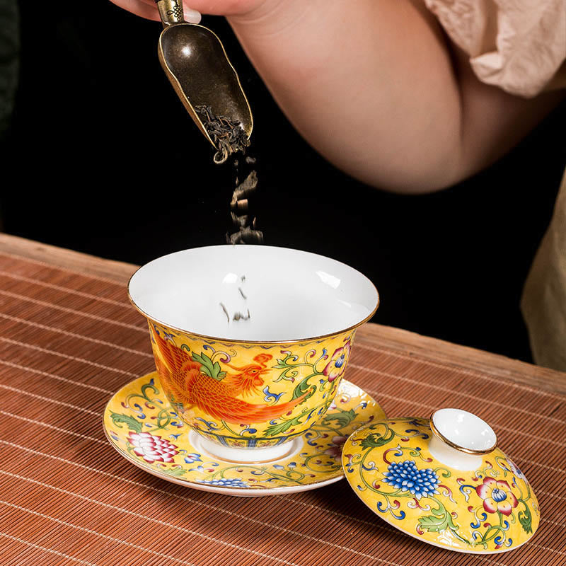 Keramik-Gaiwan-Teetasse mit Drachen-Phönix-Motiv, 160 ml, mit Deckel
