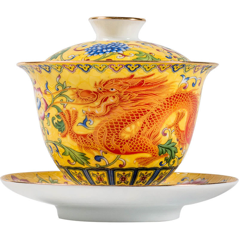 Keramik-Gaiwan-Teetasse mit Drachen-Phönix-Motiv, 160 ml, mit Deckel