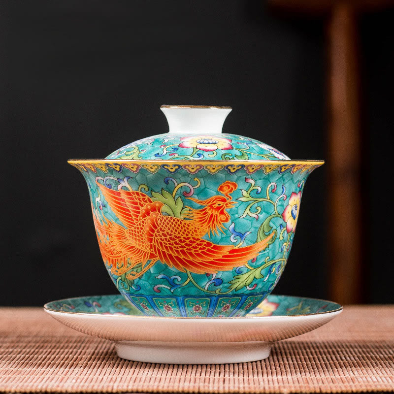 Keramik-Gaiwan-Teetasse mit Drachen-Phönix-Motiv, 160 ml, mit Deckel
