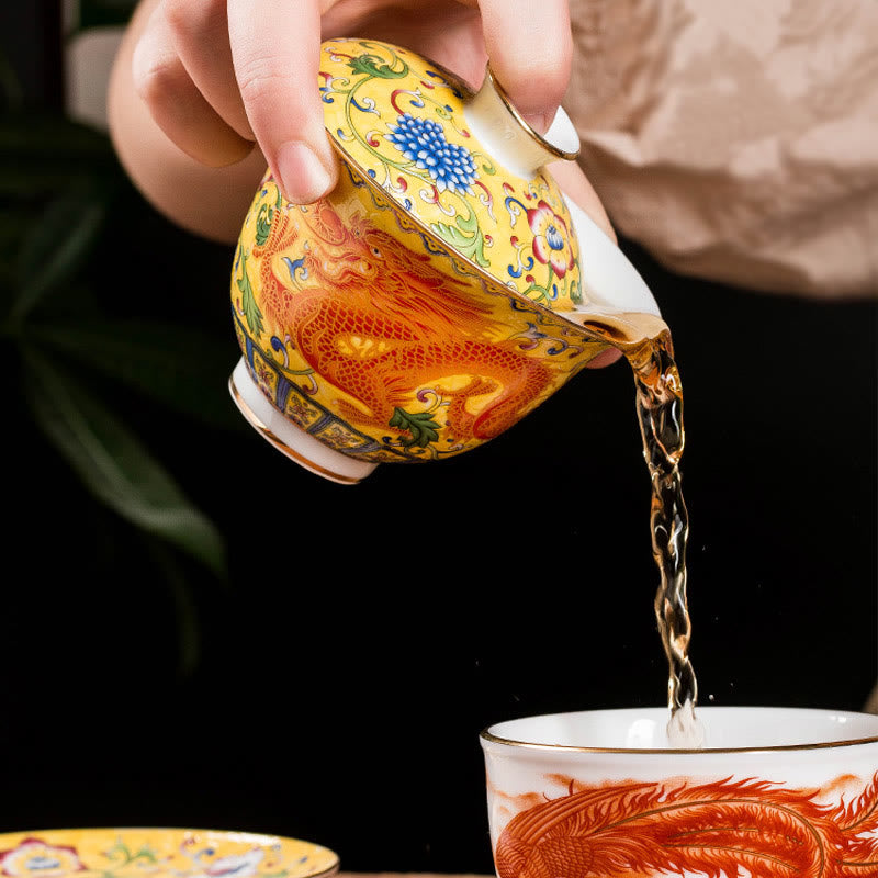 Keramik-Gaiwan-Teetasse mit Drachen-Phönix-Motiv, 160 ml, mit Deckel