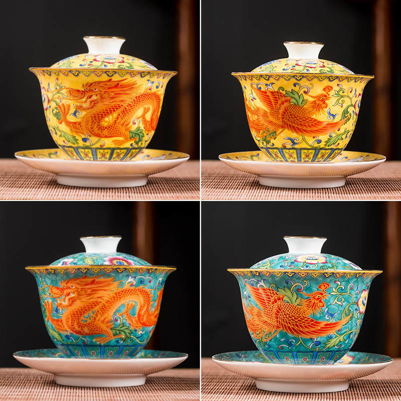 Keramik-Gaiwan-Teetasse mit Drachen-Phönix-Motiv, 160 ml, mit Deckel