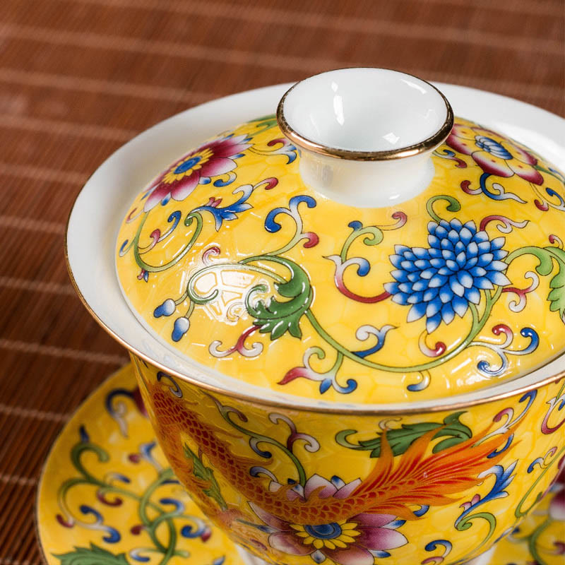 Keramik-Gaiwan-Teetasse mit Drachen-Phönix-Motiv, 160 ml, mit Deckel