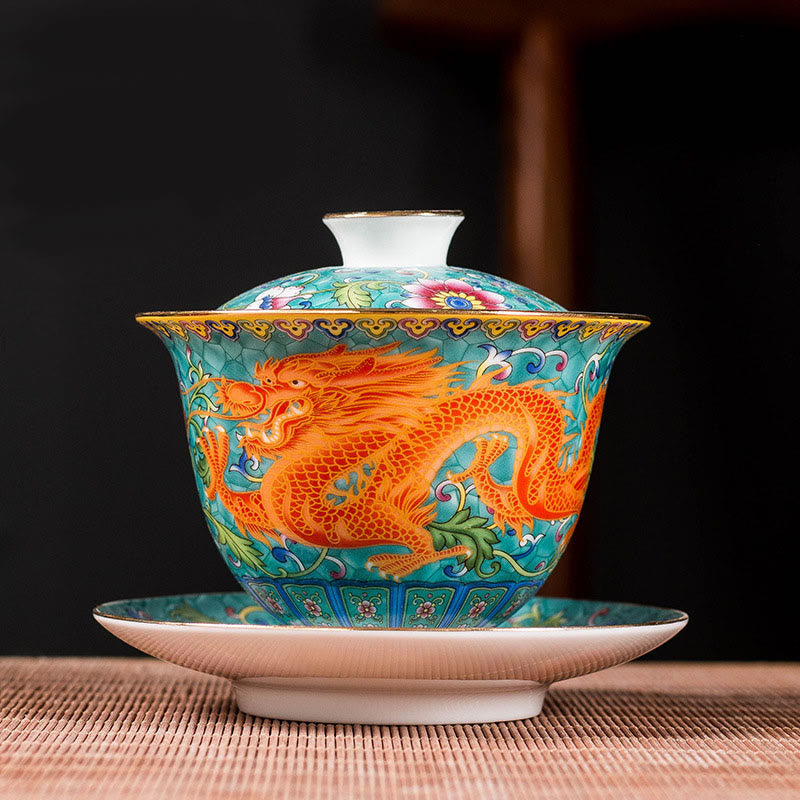 Keramik-Gaiwan-Teetasse mit Drachen-Phönix-Motiv, 160 ml, mit Deckel
