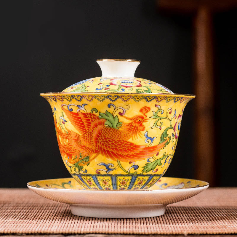 Keramik-Gaiwan-Teetasse mit Drachen-Phönix-Motiv, 160 ml, mit Deckel